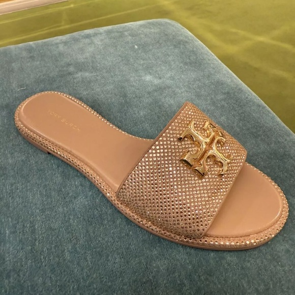 TORY BURCH EVERLY RHINESTONE SLIDES, MALVA / CRYSTAL / GOLD, SIZE 7, RETAIL $348 - Picture 5 of 5
